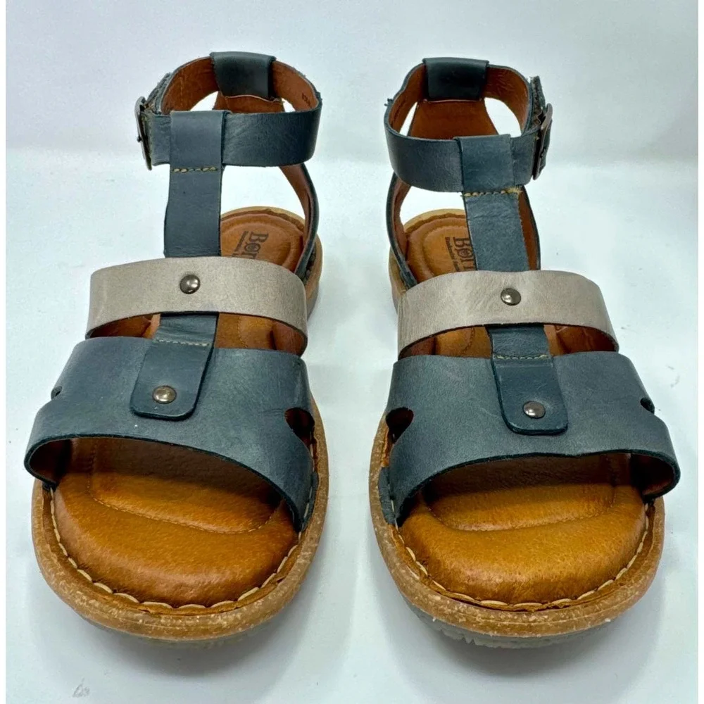 Born Tropi Sandals Womens Size 8 38-39 Leather Gladiator Blue Taupe Ankle Strap